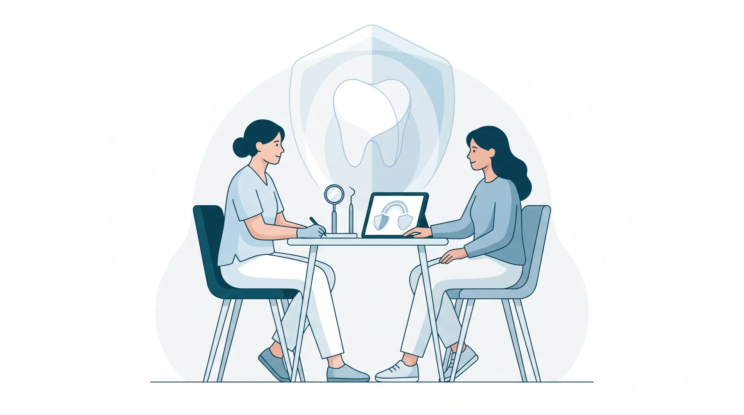 A calm adult dental consultation with a simple arch and protective forms, representing health dental care beyond brushing.