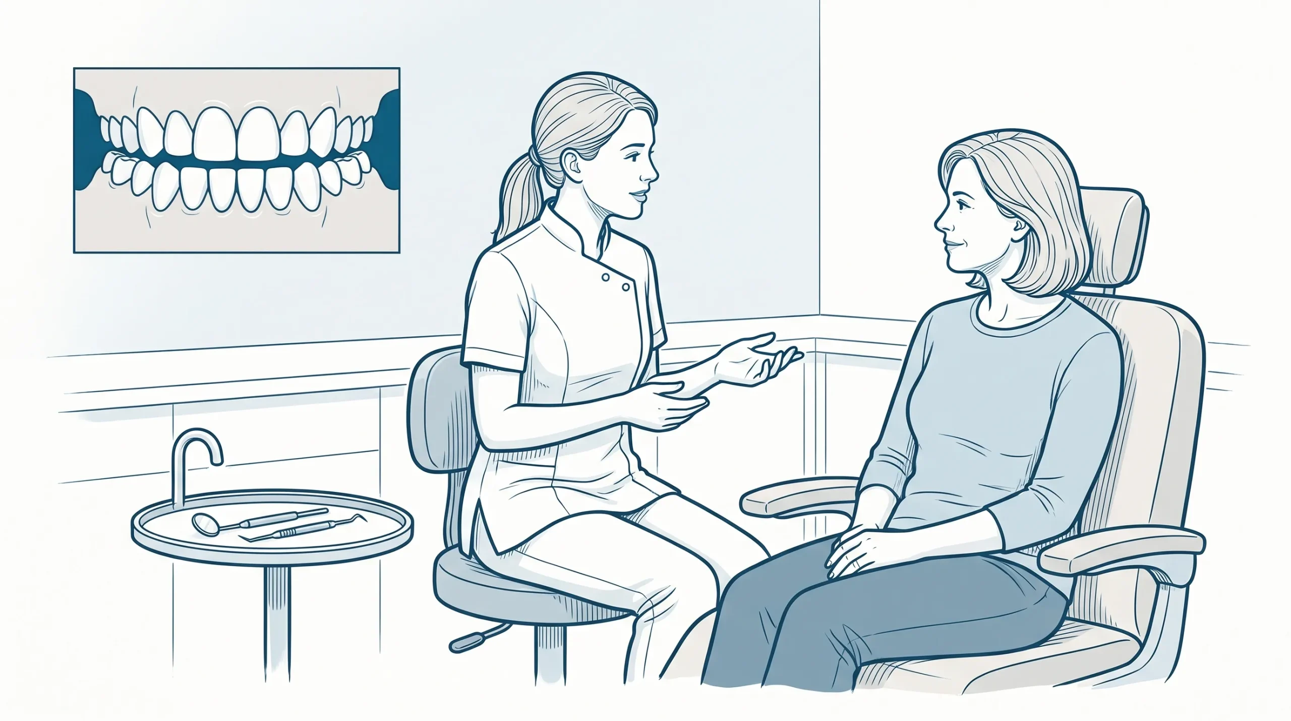 A calm dental consultation with a dentist beside an adult patient, a small mirror on a tray and a subtle inset showing natural teeth and gums.