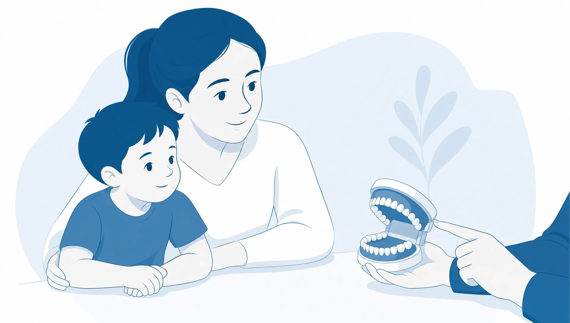 A child dental arch with parent and child hands nearby for a first dental visit.
