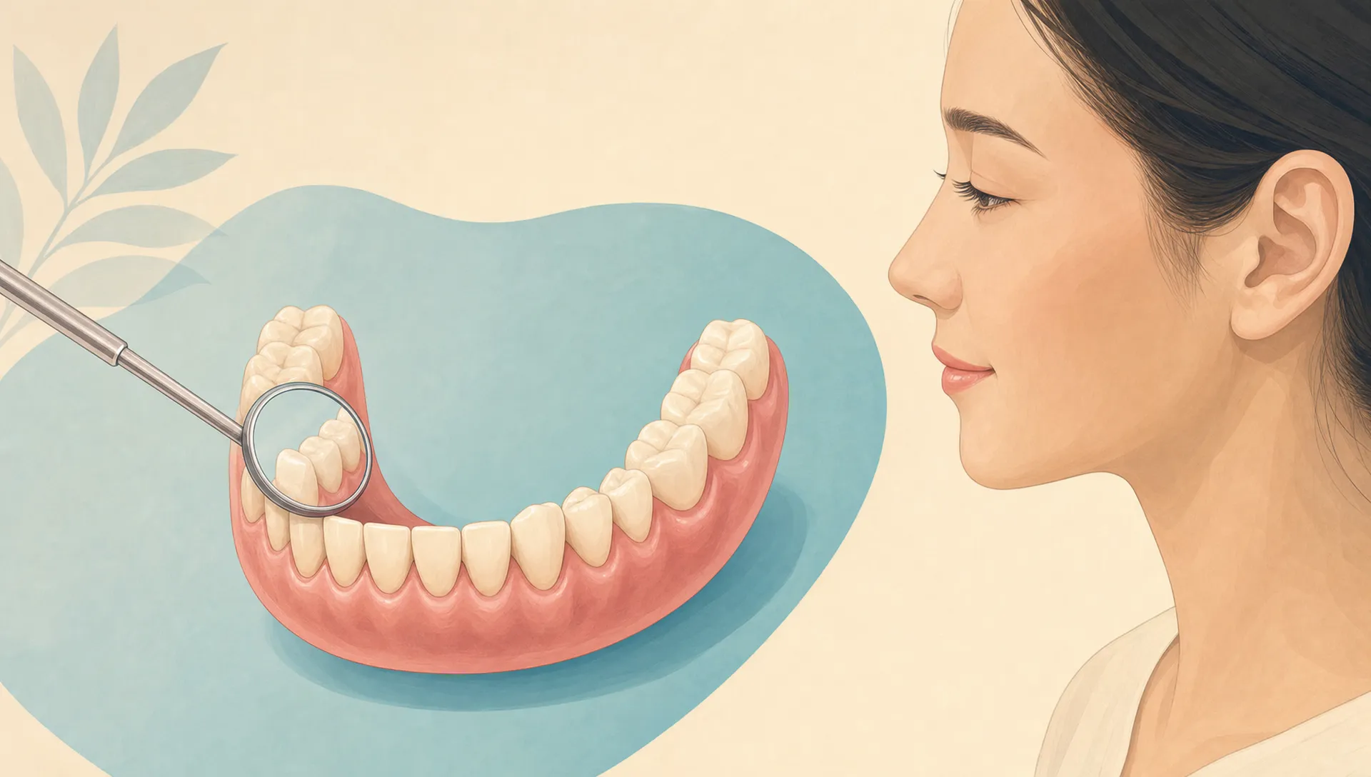 A dental arch and gumline with a mirror and calm profile, showing preventive oral health care.