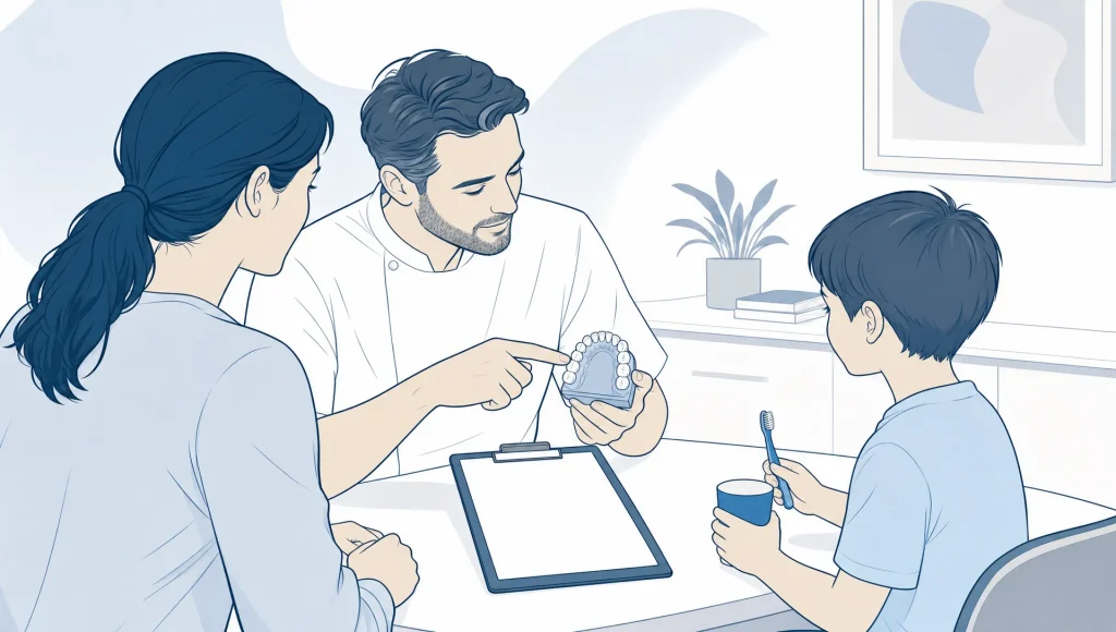 A dentist explains kiddie dental care to a parent beside a child’s tooth diagram.