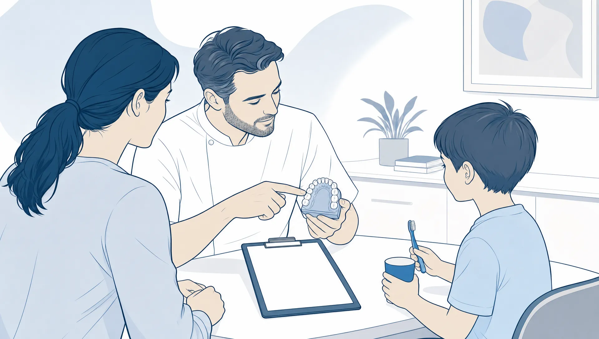 A dentist explains kiddie dental care to a parent beside a child’s tooth diagram.
