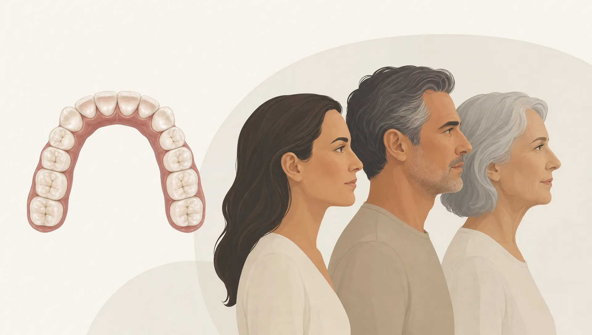 A natural dental arch sits beside calm adult profile silhouettes in a life-stage progression for adult dental care.