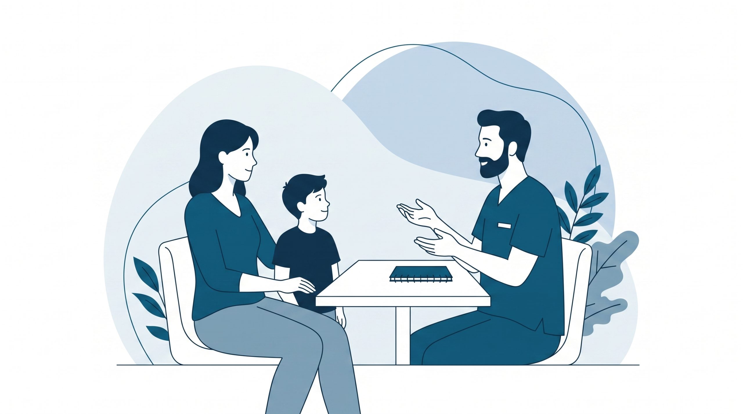 A parent and child talk with a dentist about Medicare dental benefits during a calm consultation.