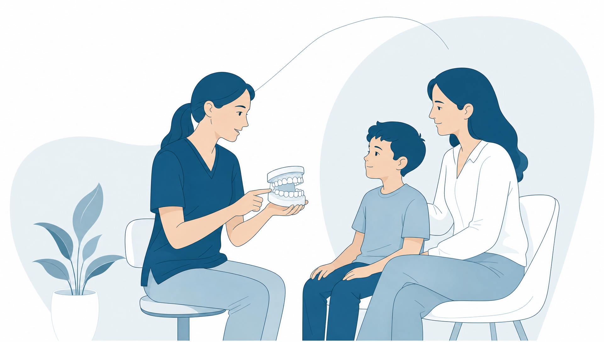 A parent sits beside a child in a bright dental treatment room while a friendly dentist explains children’s dental care options using a tooth model, with the group positioned around the chair and clinic equipment visible in the background.