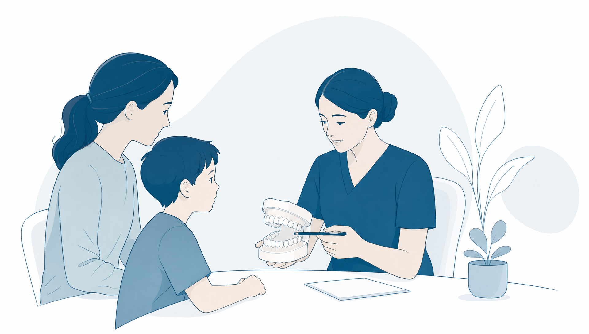 A parent sitting beside a child in a calm dental clinic while a dentist explains a child dental check-up, with dental tools and a friendly treatment chair visible in the room.