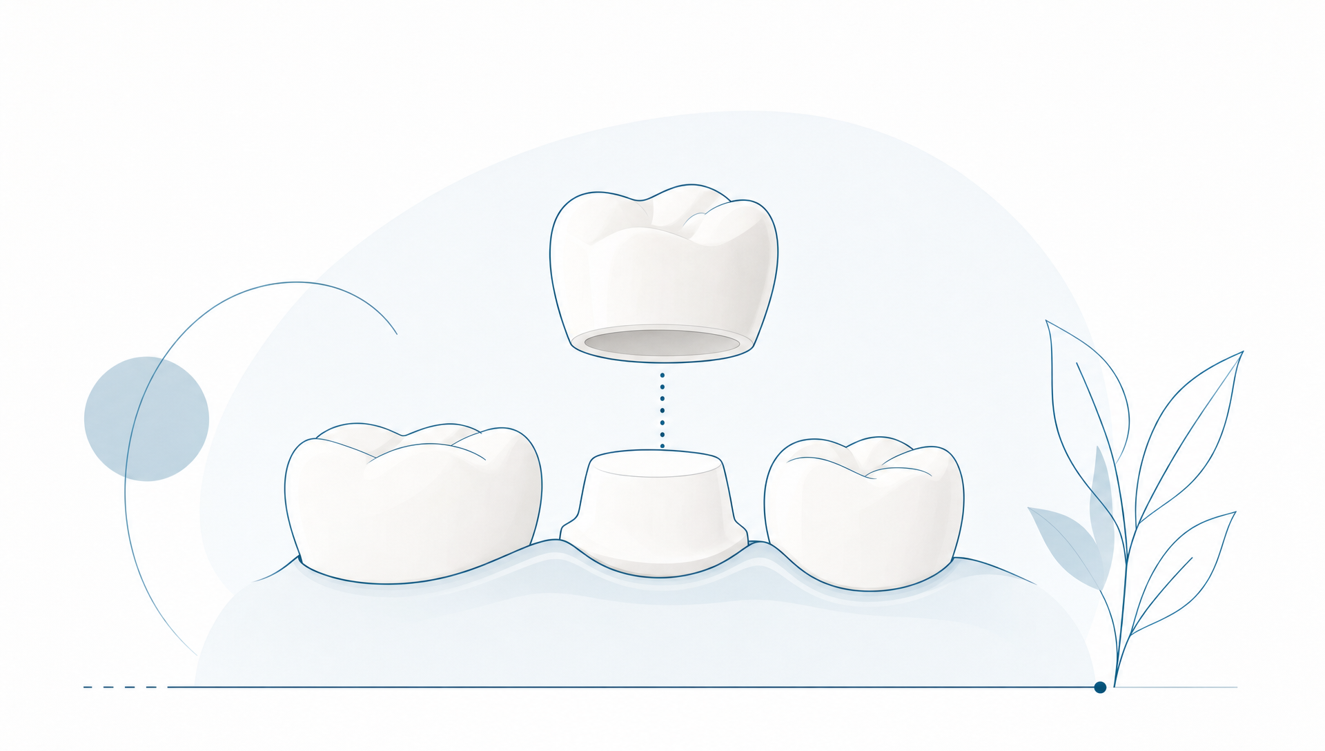 A premium editorial vector illustration of cosmetic dental treatment options, showing a white porcelain tooth form, a simple facial profile, fine deep petrol blue planning lines, soft pale blue geometric panels and generous white space, with no text, logos, signage, coastal scenery or interface elements.