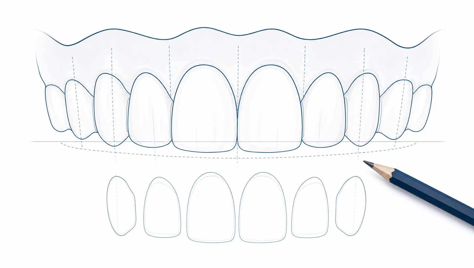 A simplified dental arch with porcelain restoration shapes and planning lines shows cosmetic general dentistry.