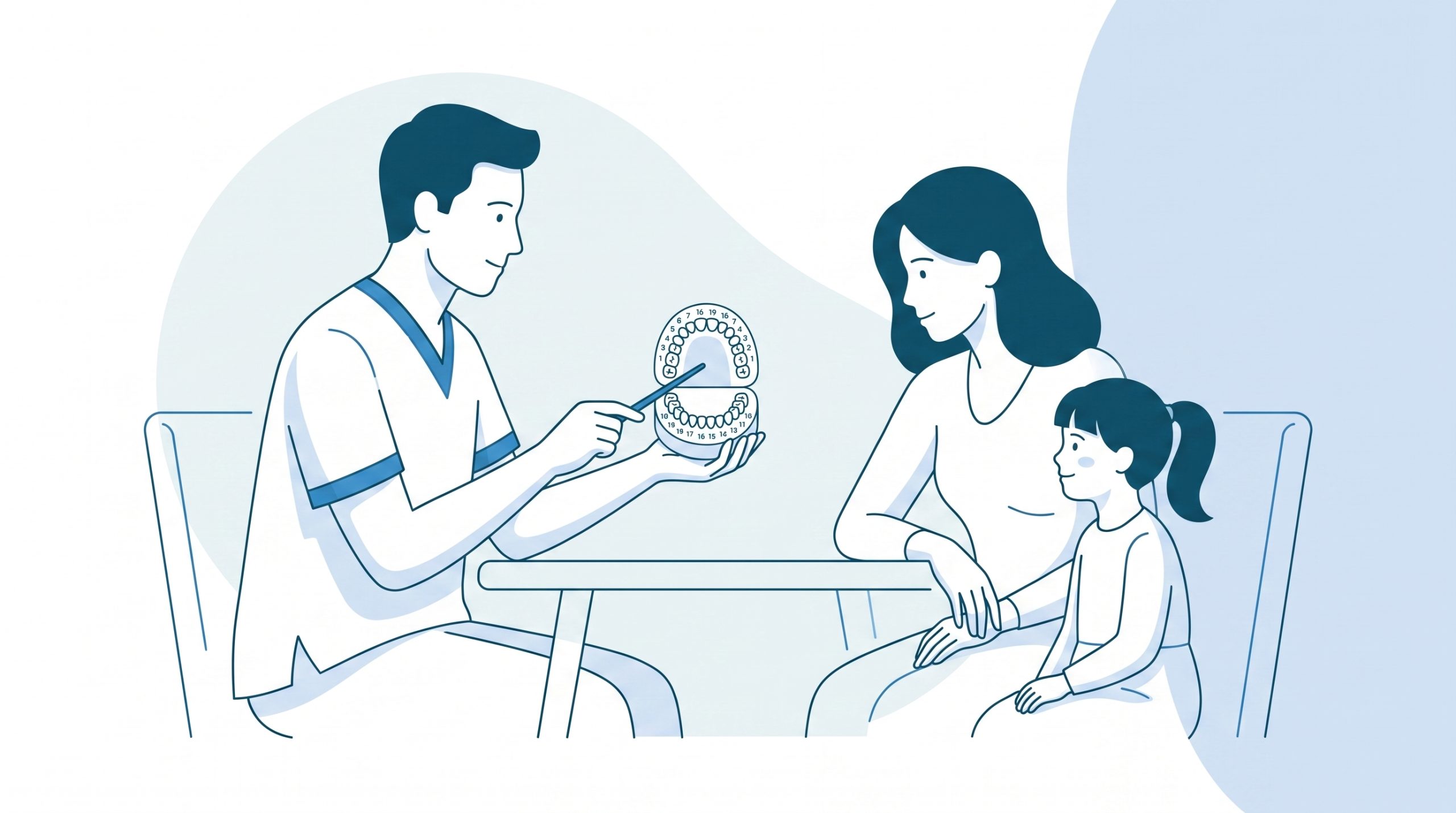 A welcoming consultation room with a dentist speaking calmly to an adult patient while a child sits nearby, showing a family-friendly dental setting on the Sunshine Coast.