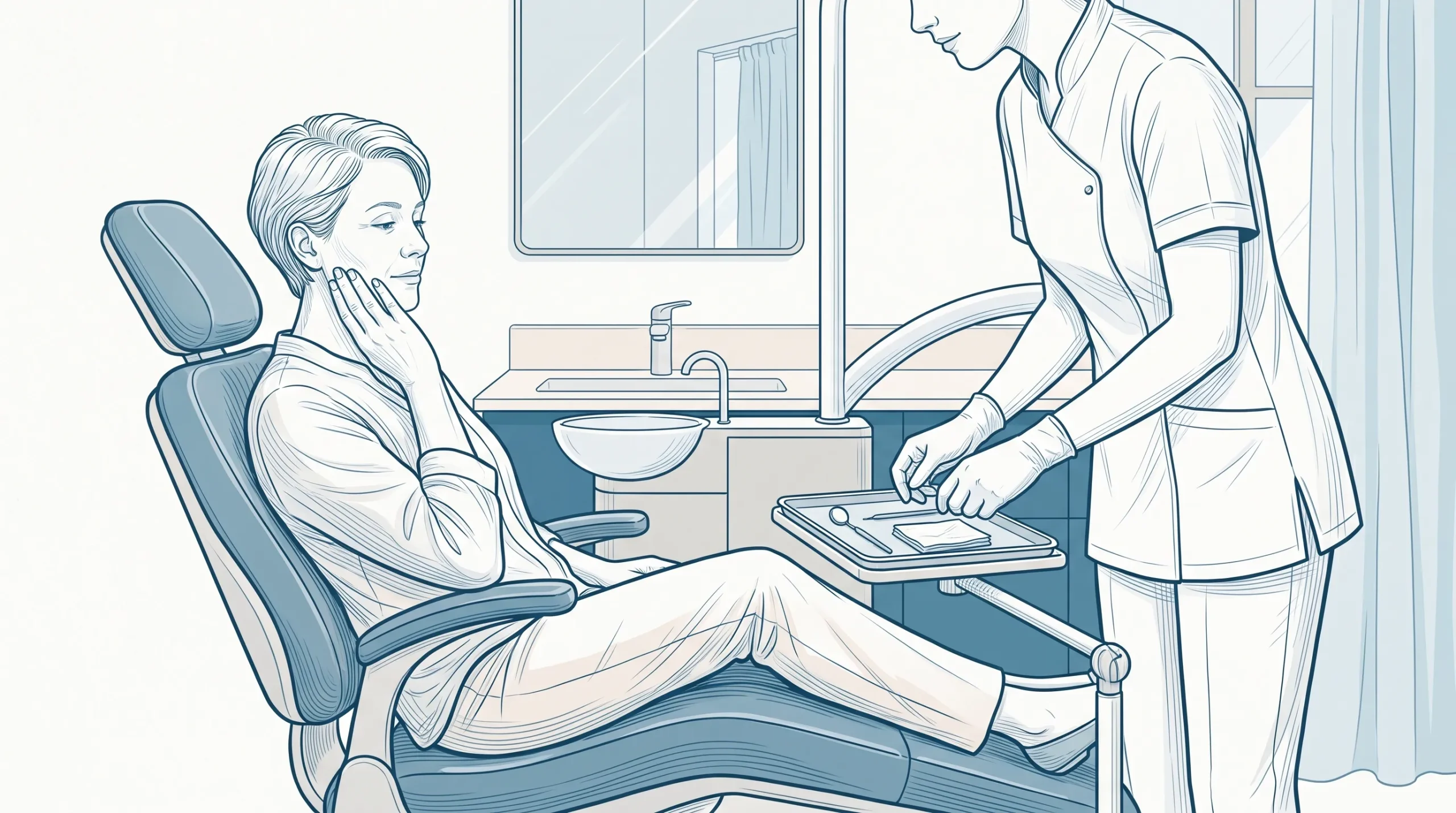 An adult in a dental chair with a sore cheek while a clinician prepares to assess the problem.