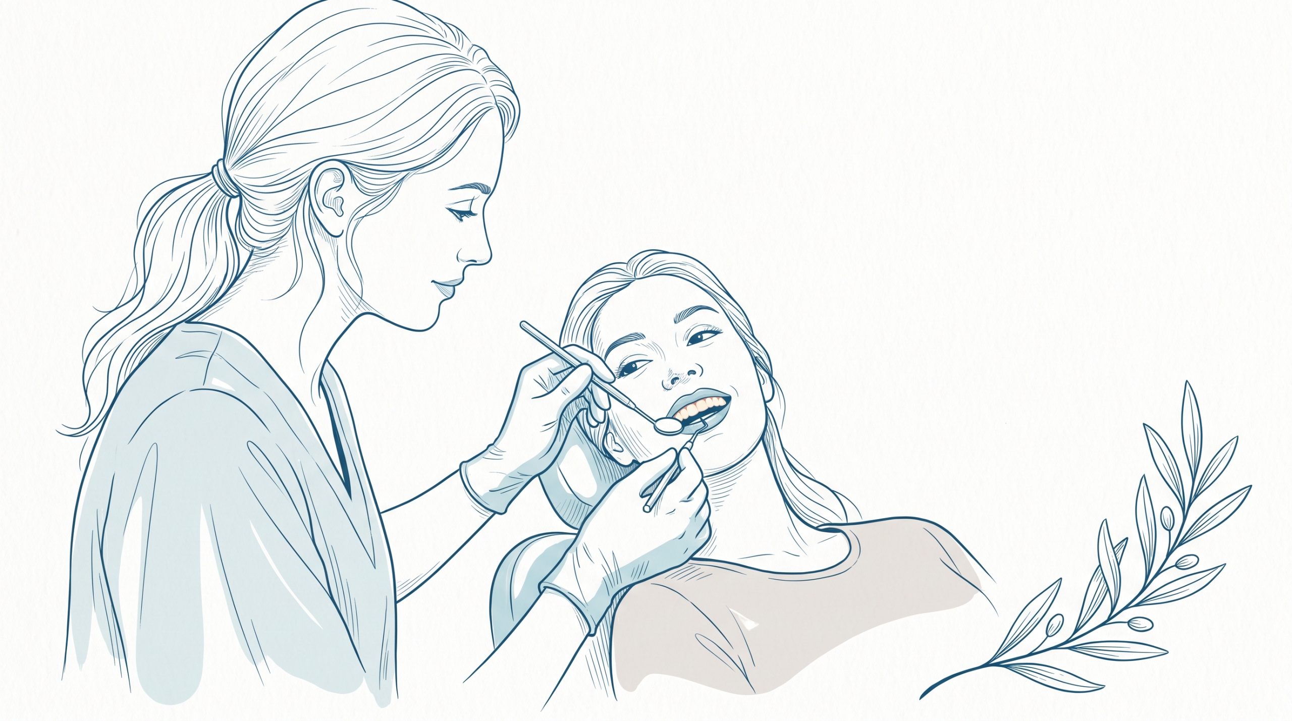 An adult patient and dentist talk calmly beside a small partial dental arch and subtle protective shapes.