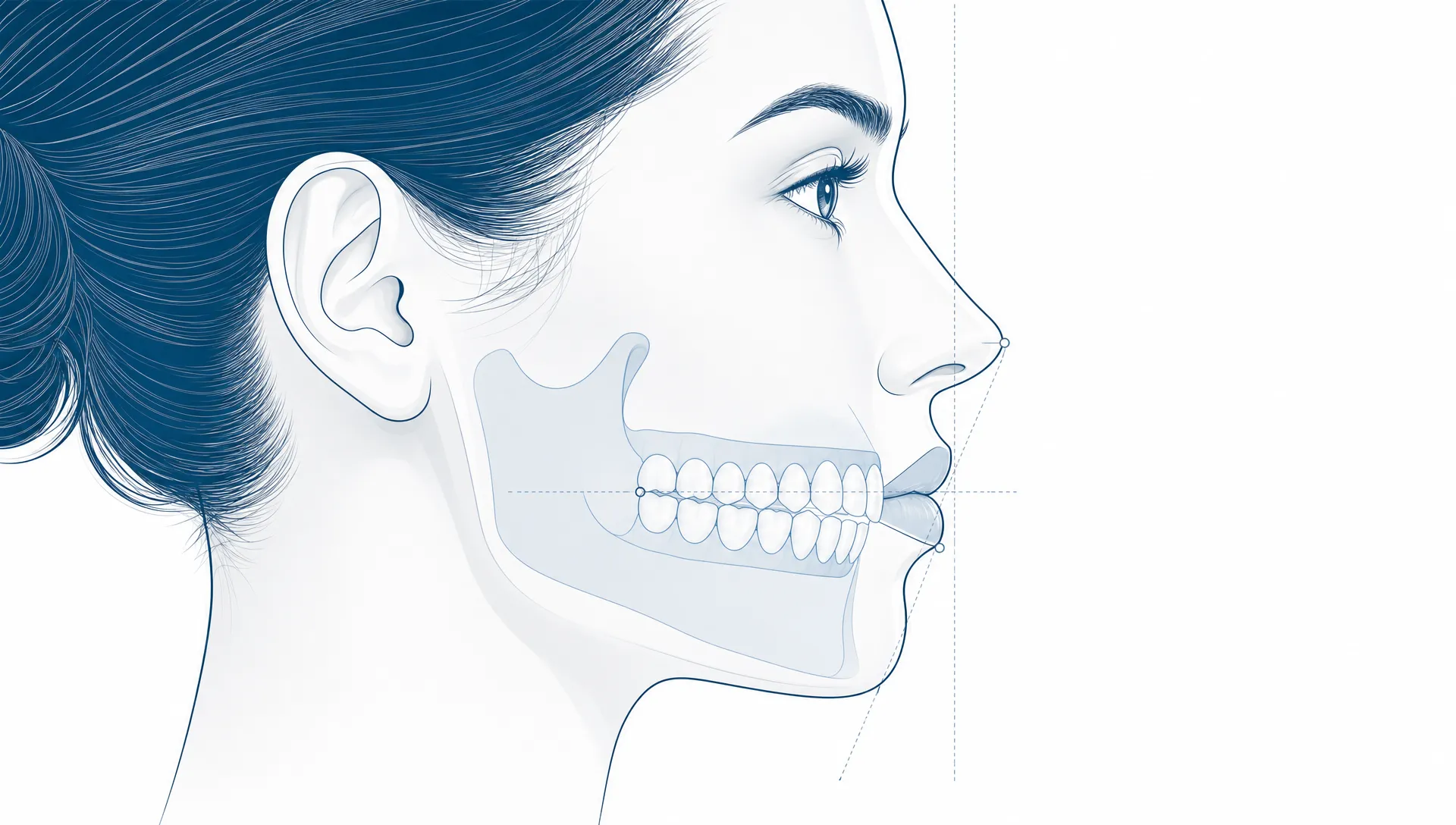 An adult profile and dental arch are shown with alignment guides for cosmetic treatment planning.