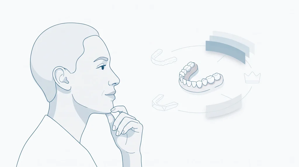 An adult profile looks toward a small dental arch during a treatment planning discussion.