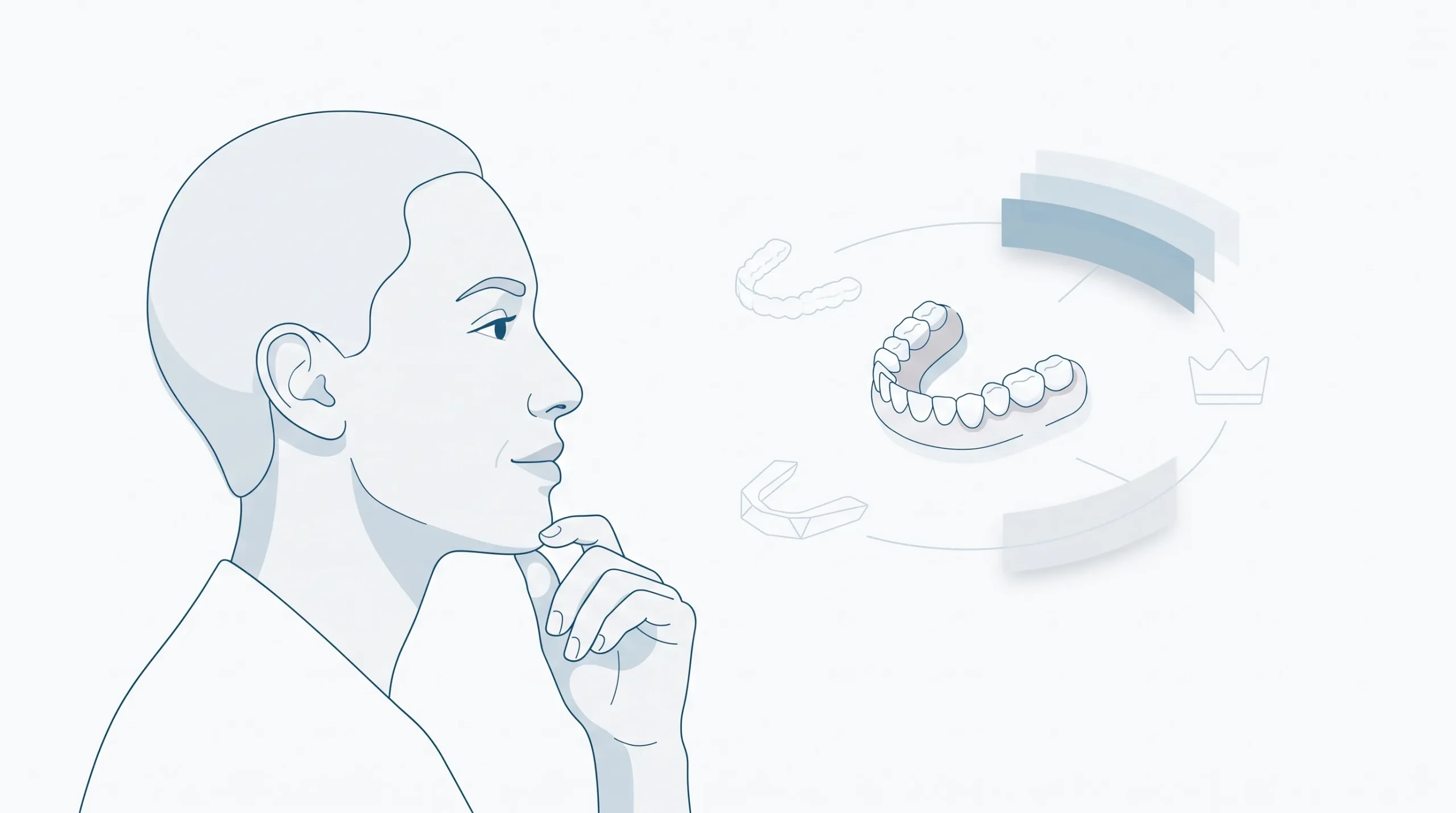 An adult profile looks toward a small dental arch during a treatment planning discussion.