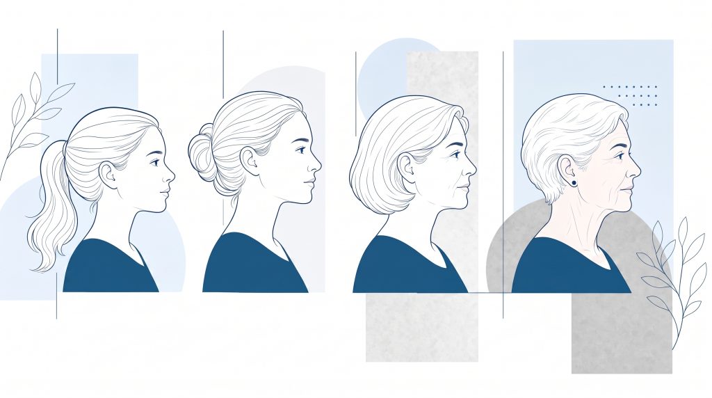 Four adult profile silhouettes show changing dental care needs across life stages, with small tooth and gum symbols beside them.