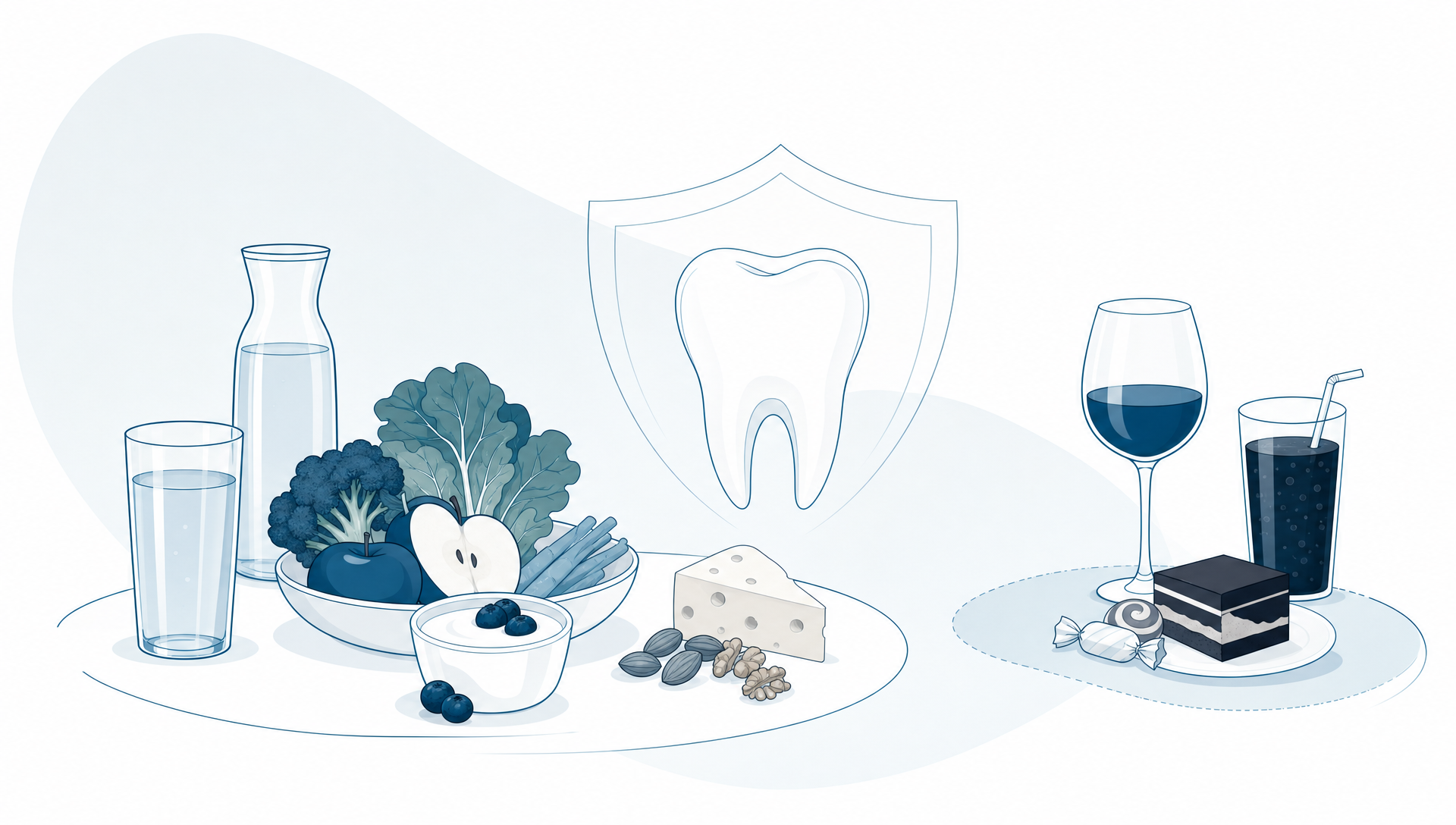 Premium editorial vector illustration of a calm family brushing routine at a tidy bathroom counter, with two toothbrushes, a cup, floss and a simple dental arch motif in generous white space, showing an adult hand helping a child-sized hand with the brush.