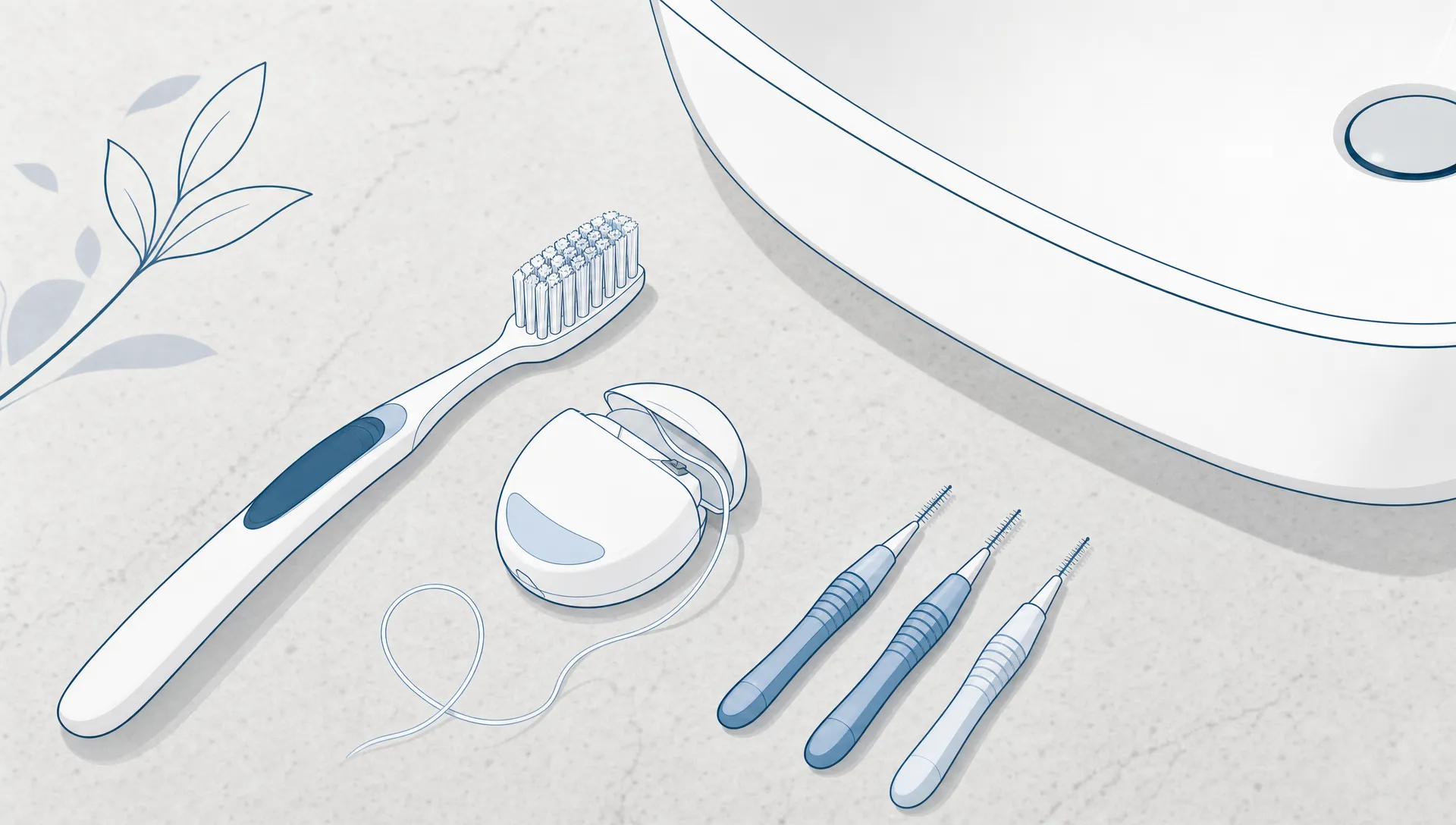 Toothbrush, floss and interdental brushes are arranged beside a clean gumline motif to show daily gum care.