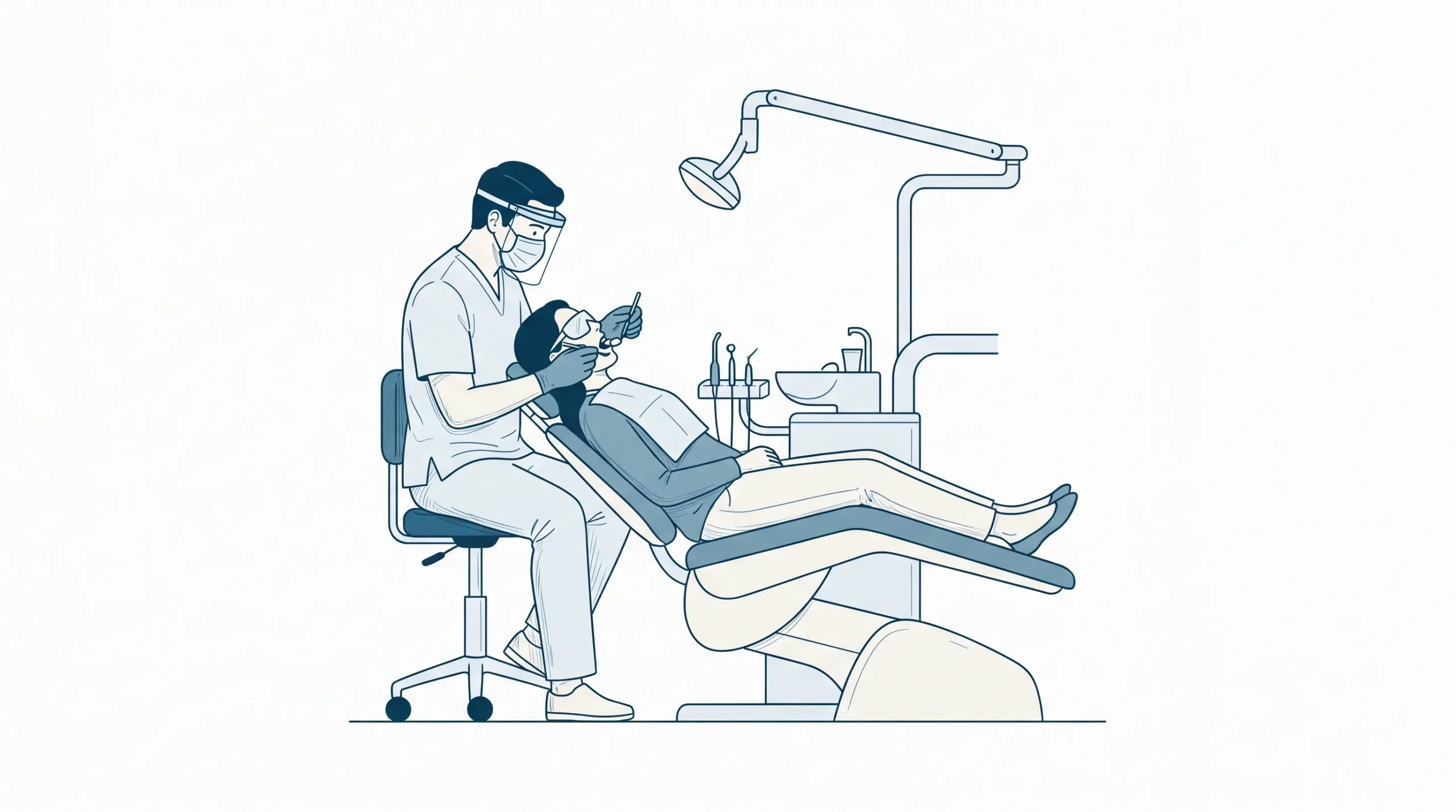 A dental professional checks a patient’s teeth and gums during a hygiene appointment in a calm clinic room.