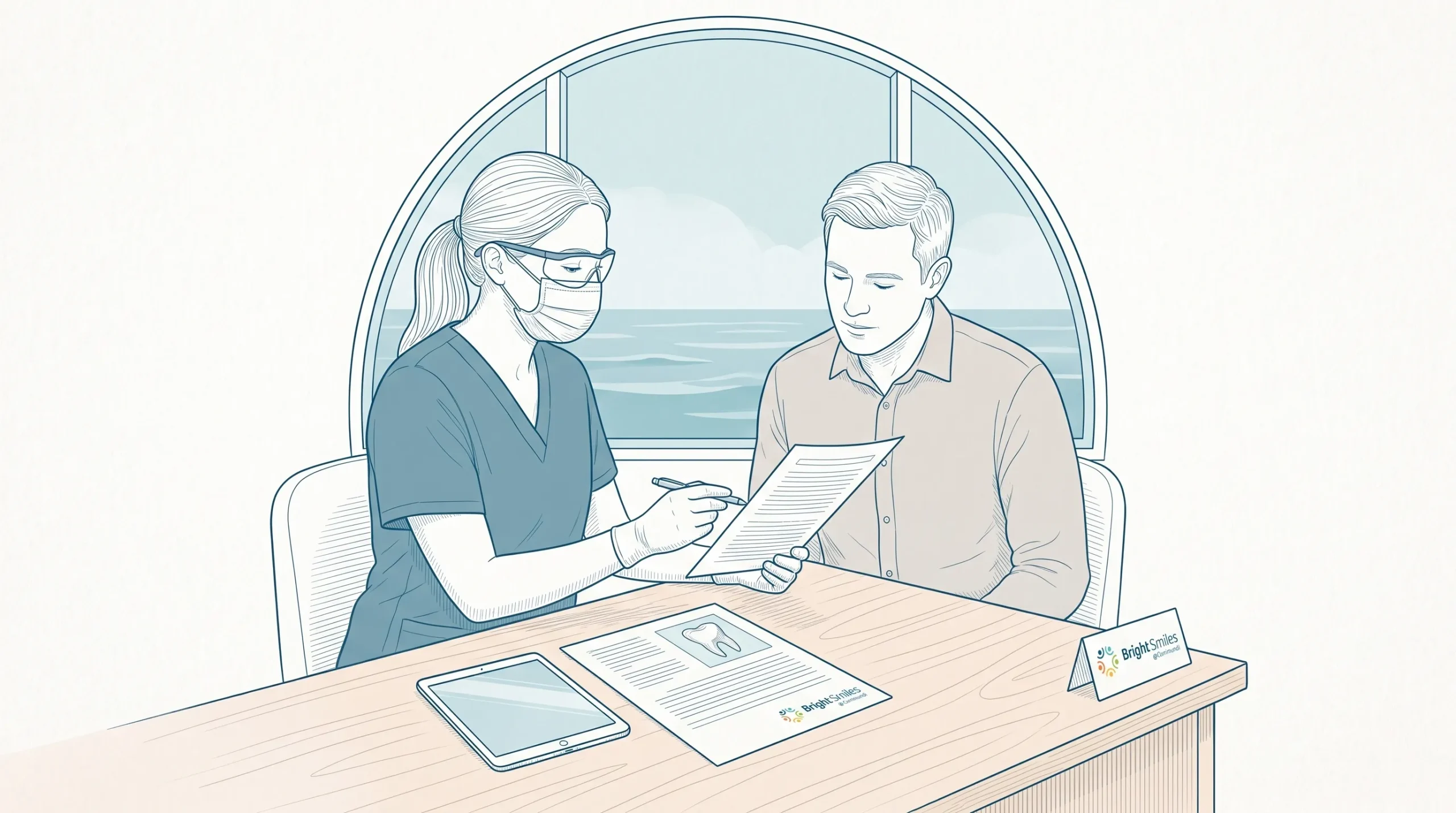 A dental professional discusses a treatment estimate with an adult patient at a consultation desk beside a health plan document and a small tooth inset.