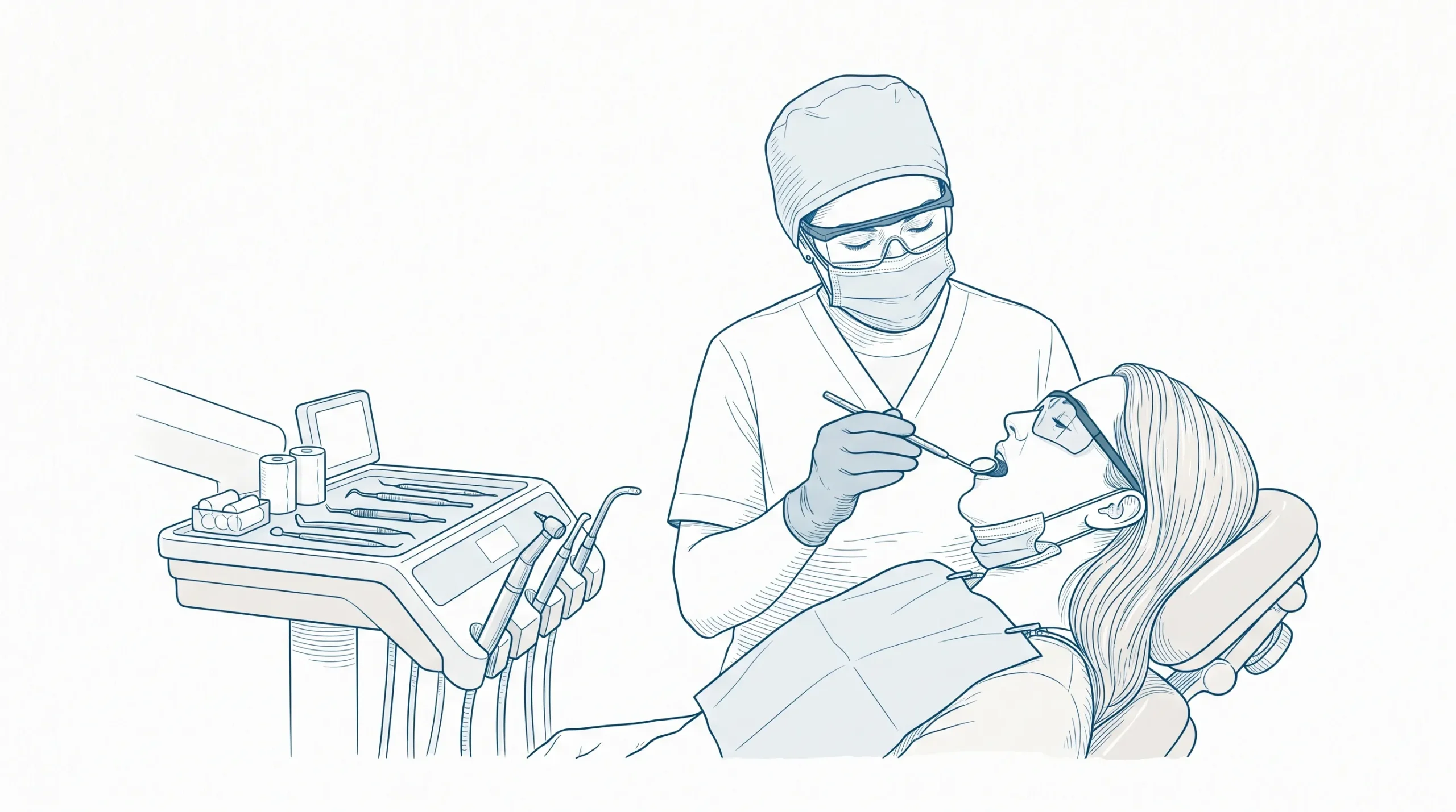 A dental professional examines a patient with a mirror while preventive cleaning tools rest on a tray beside the chair.