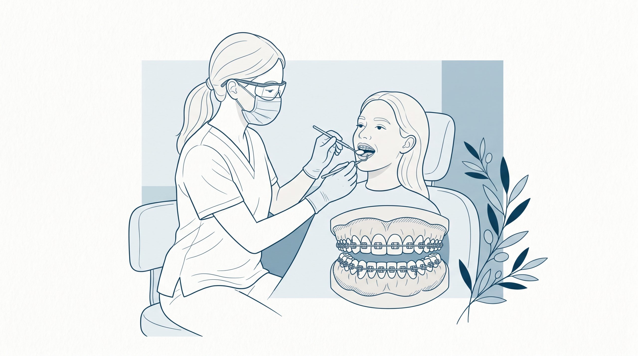 A dental professional gently checks a seated patient’s teeth with a mirror during a braces consultation.