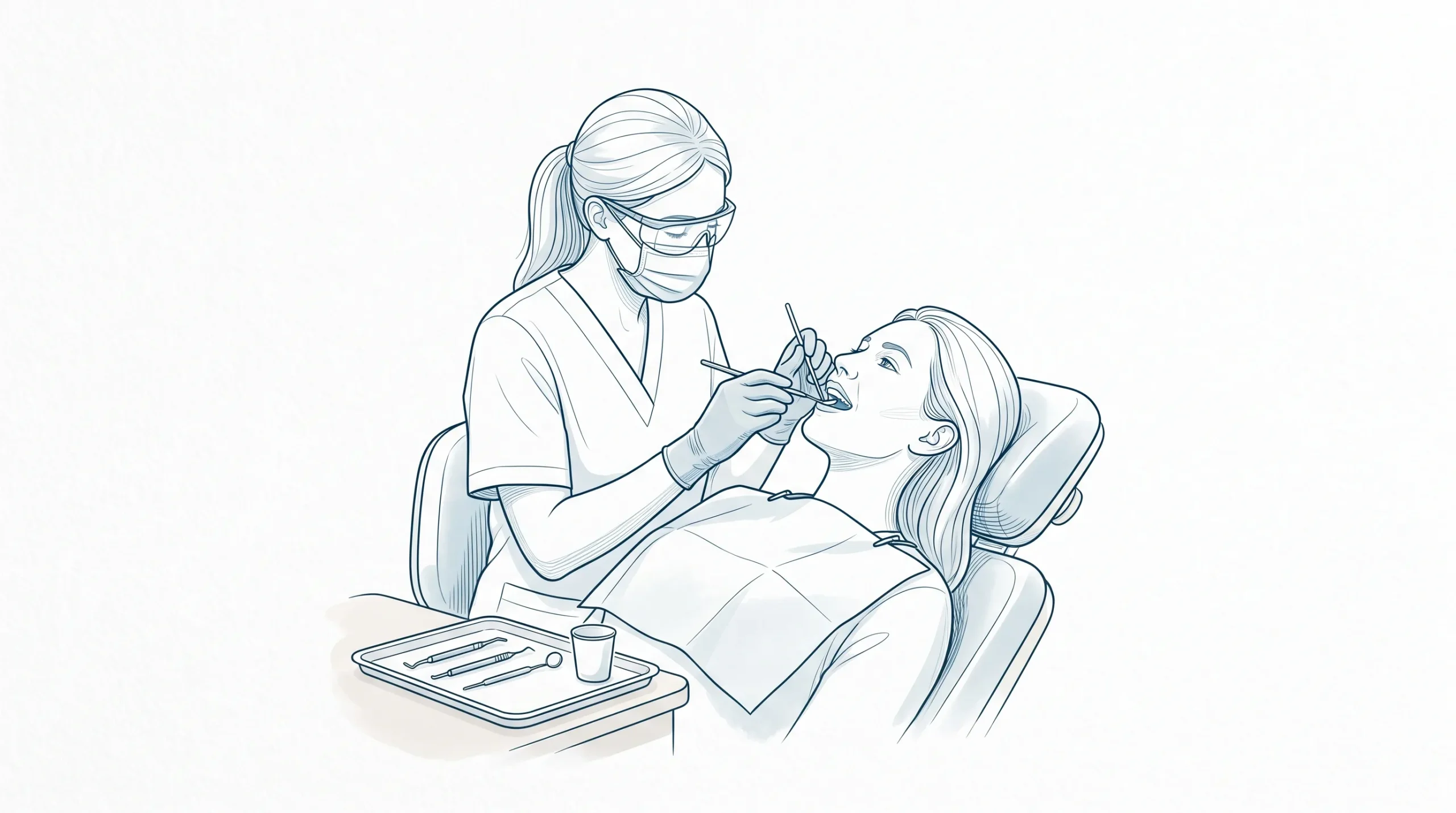 A dental professional gently examines an adult patient in a calm clinic chair, with accurate teeth and gum anatomy and a tidy tray nearby.