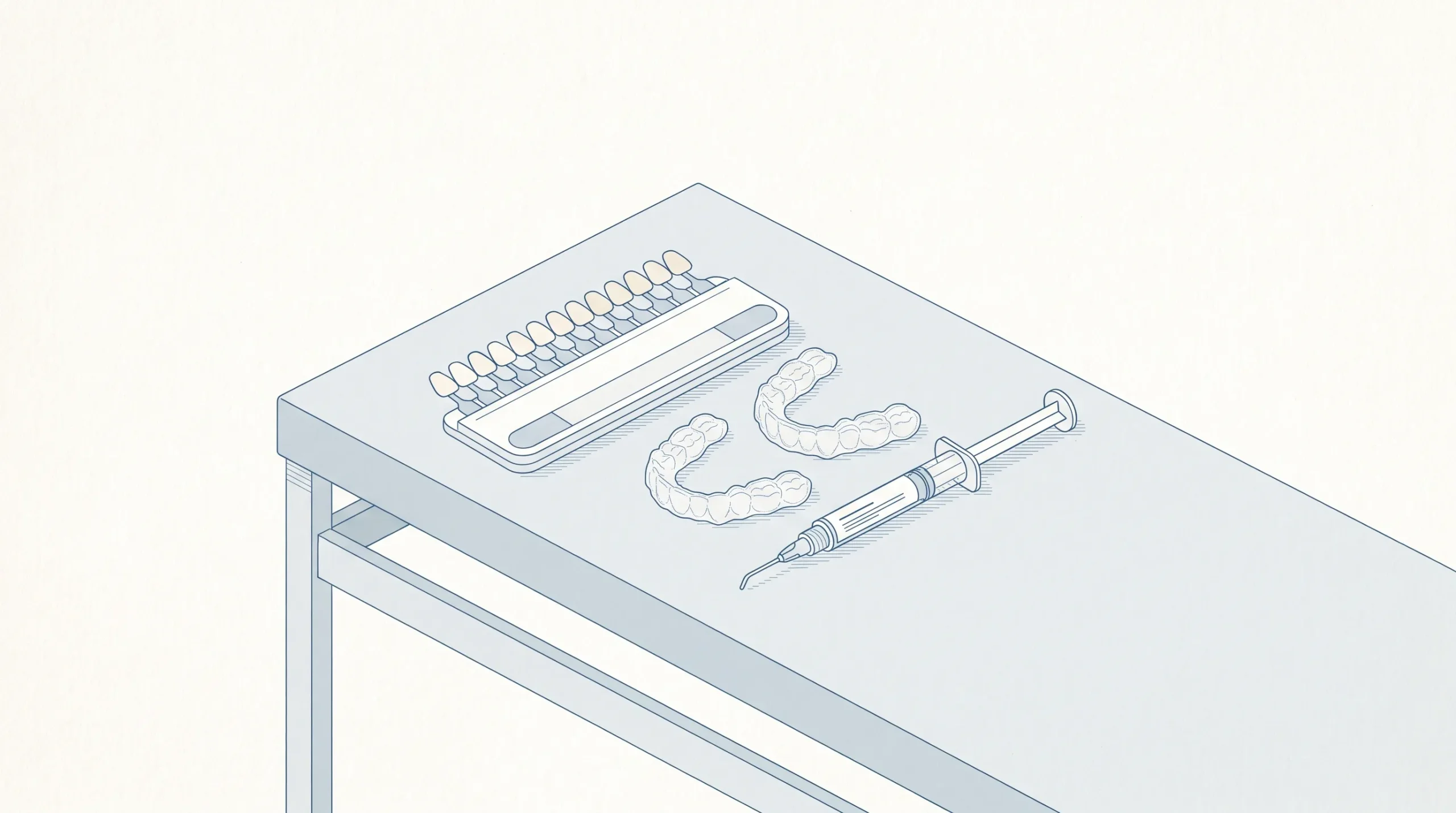 A dental shade guide beside custom whitening trays and a whitening gel syringe on a clean bench.