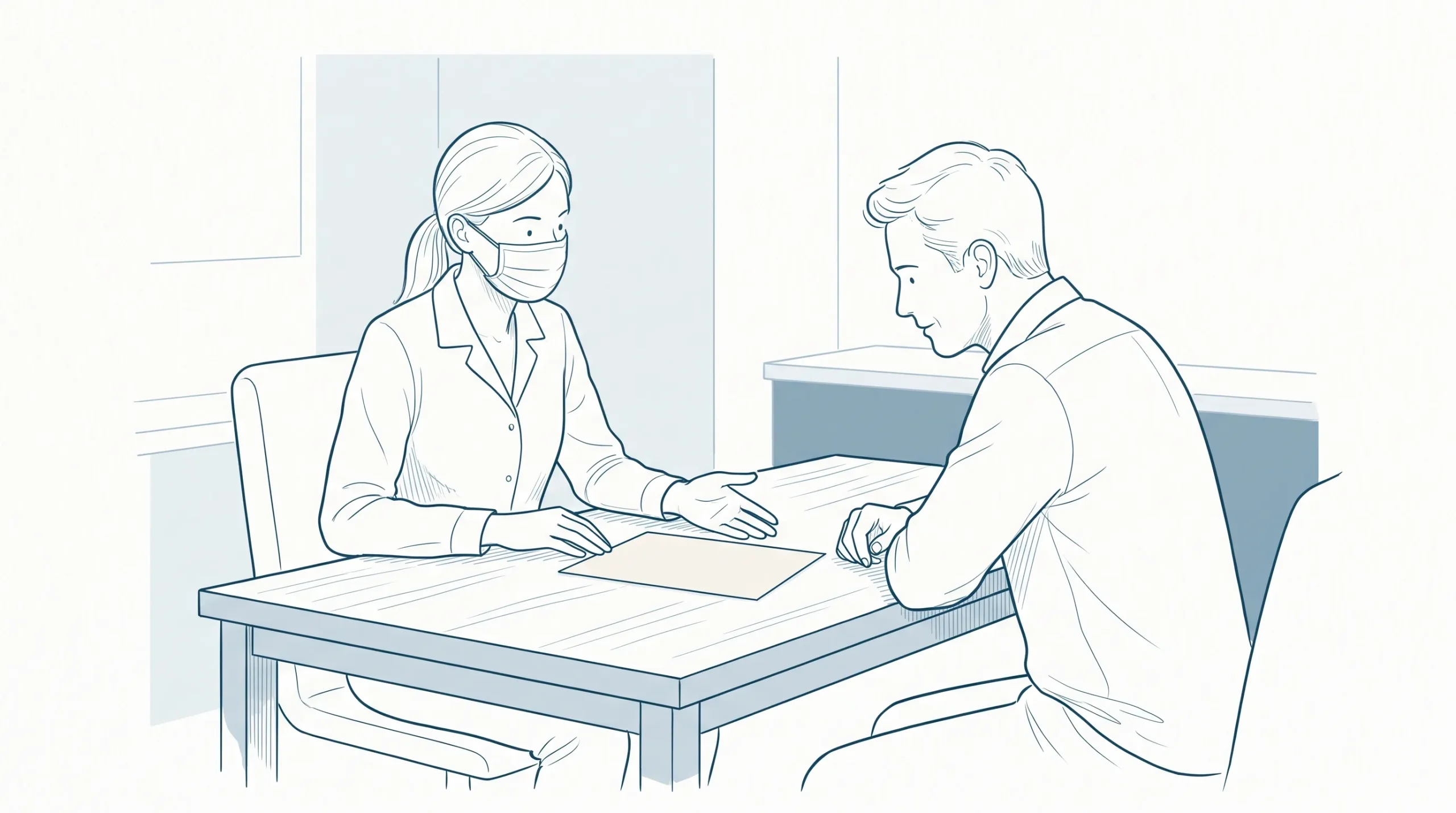 A dentist and adult patient discuss a teeth payment plan at a consultation desk with a blank treatment estimate paper between them.