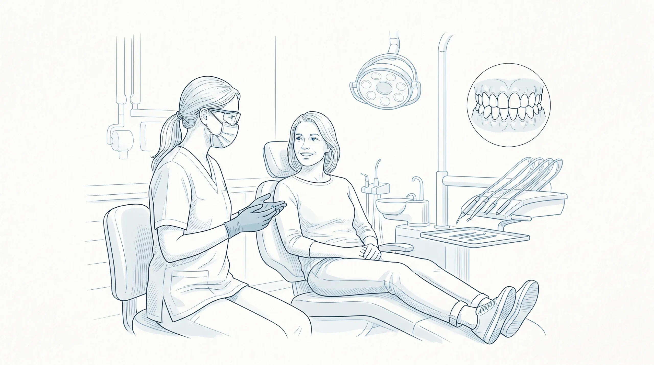 A dentist and adult patient talk in a clean clinic, with a small inset of natural teeth beside them.
