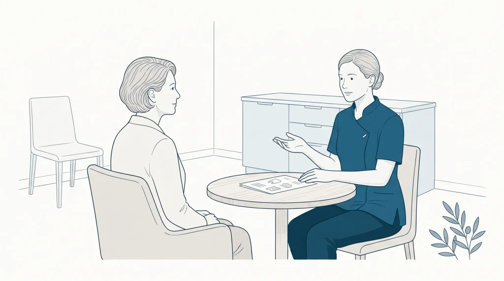 A dentist and adult patient talk through cosmetic dentistry options in a calm clinic consultation.