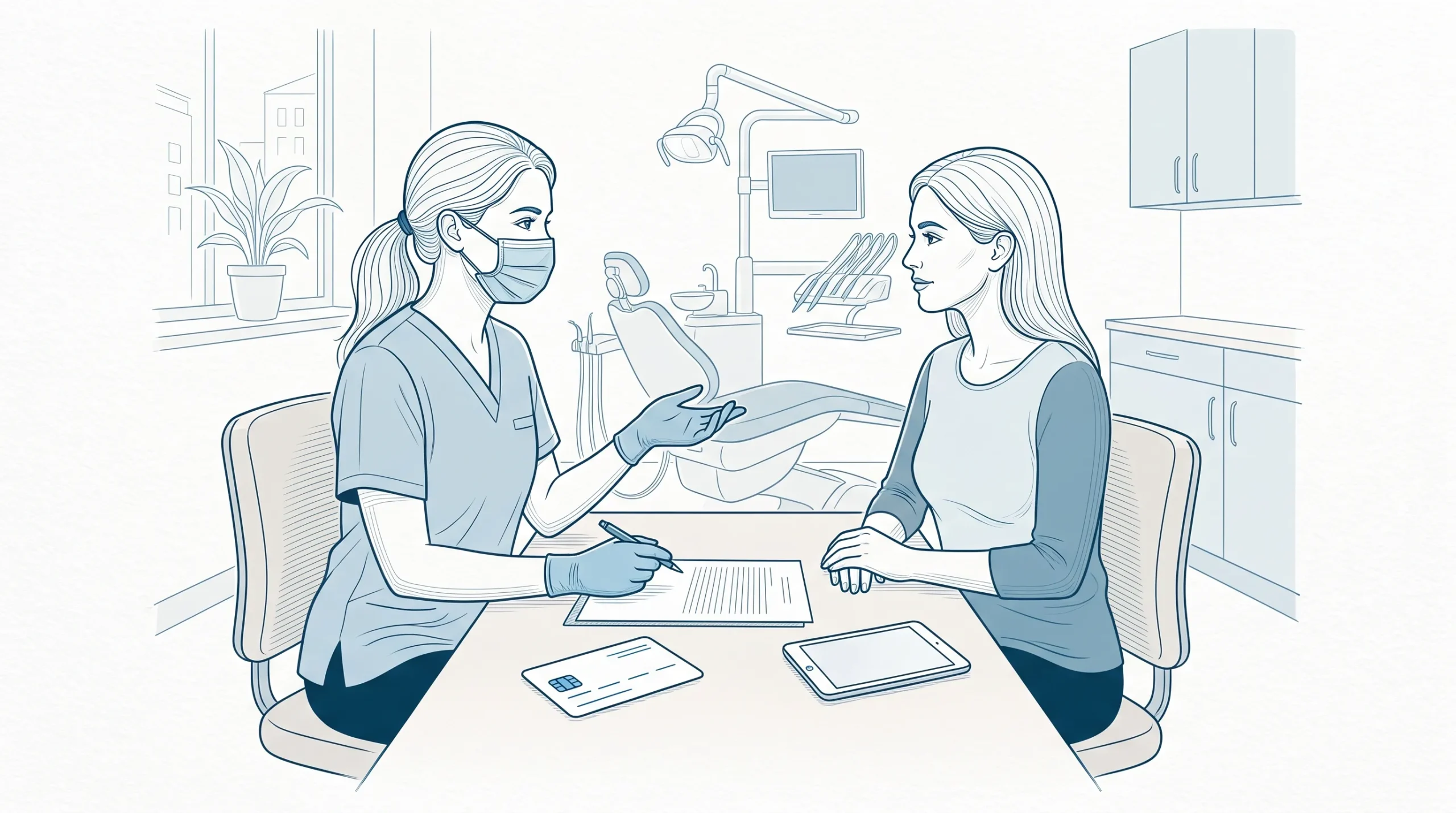 A dentist and patient discuss private health dental cover beside a blank estimate and health fund card in a clinic room.
