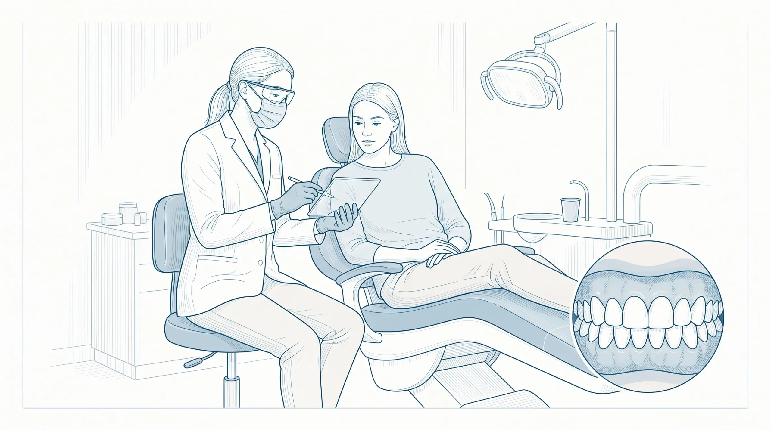 A dentist discusses whitening options with a seated adult patient, with a small inset showing natural teeth and gums.