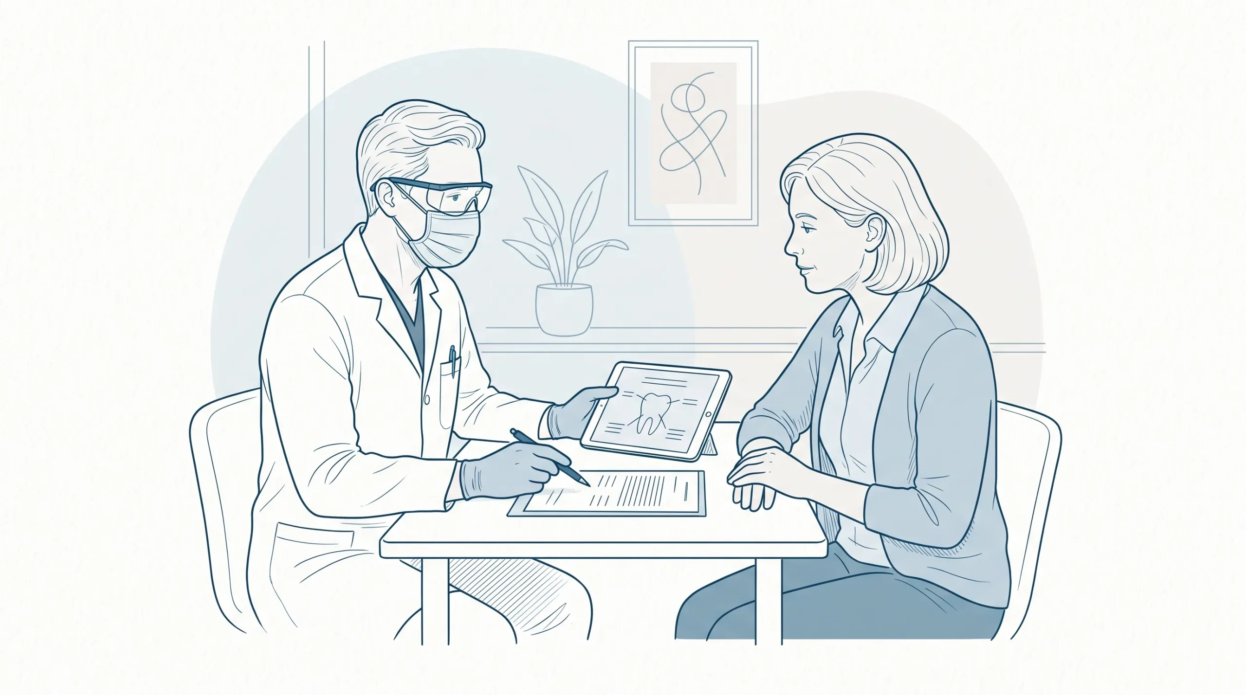A dentist in clinical attire discusses balance billing and out-of-pocket costs with an adult patient in a calm consultation room.