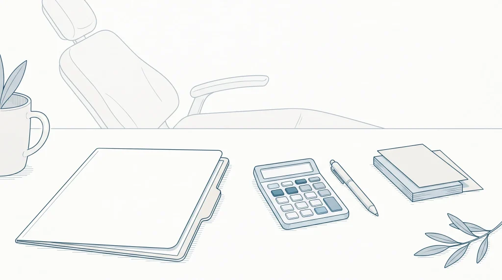 A desk with a policy folder, calculator and dental item cards shows how to compare cover details.