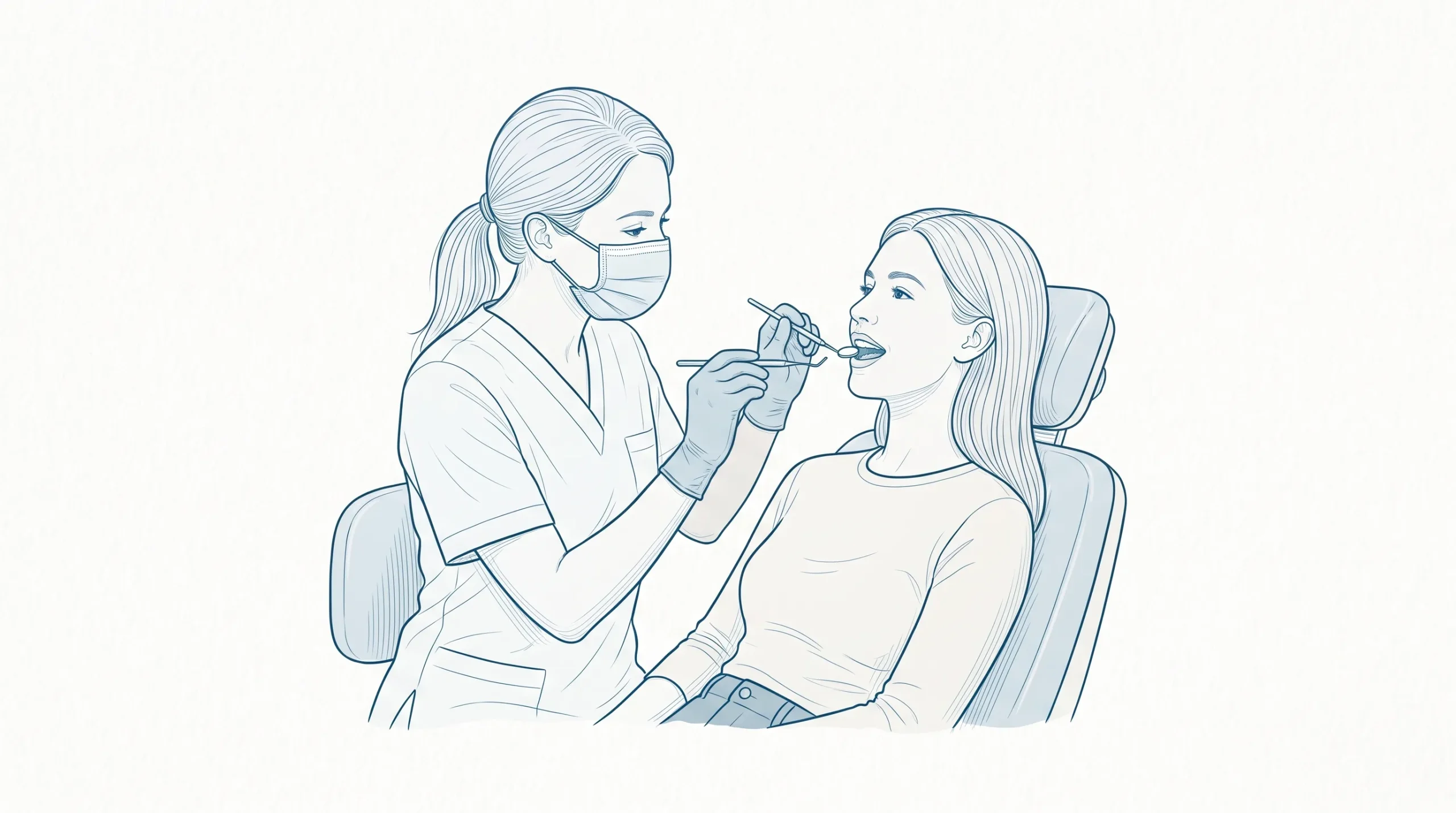A masked dental professional checks a seated patient’s teeth with a mirror during a routine general dental examination.