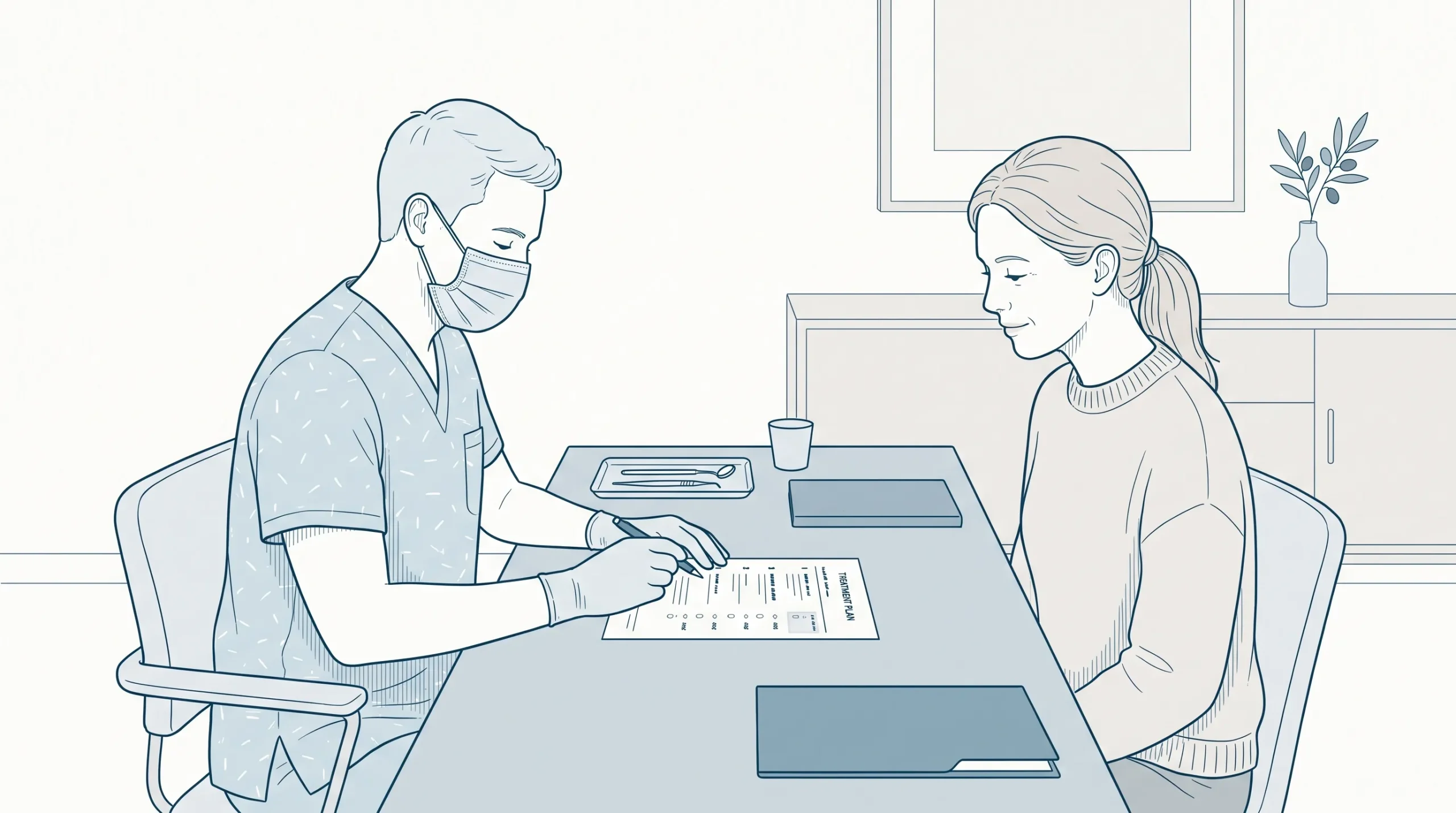 A masked dental professional reviews a treatment plan with item numbers while a patient listens nearby.