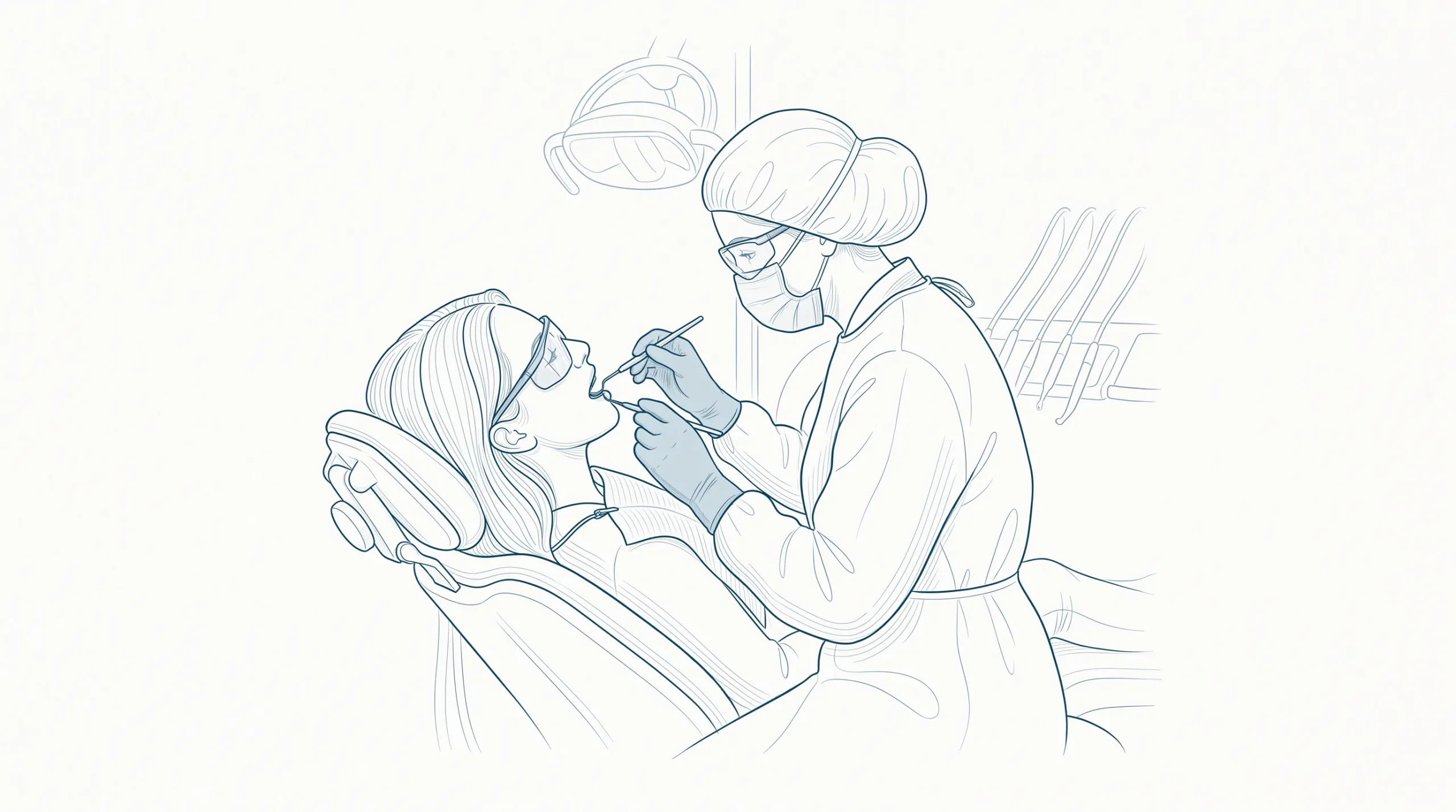 A patient reclining in a dental chair while a dentist uses a mirror and scaler for a professional dental cleaning, with protective glasses on the patient.