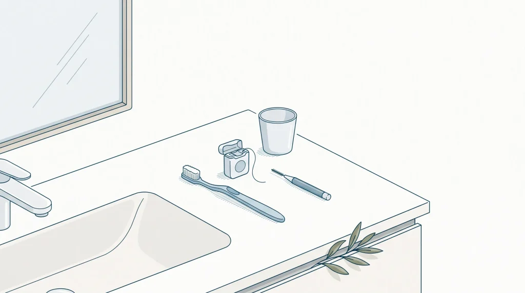 A toothbrush, floss and interdental brush sit on a bathroom counter as part of everyday oral care.