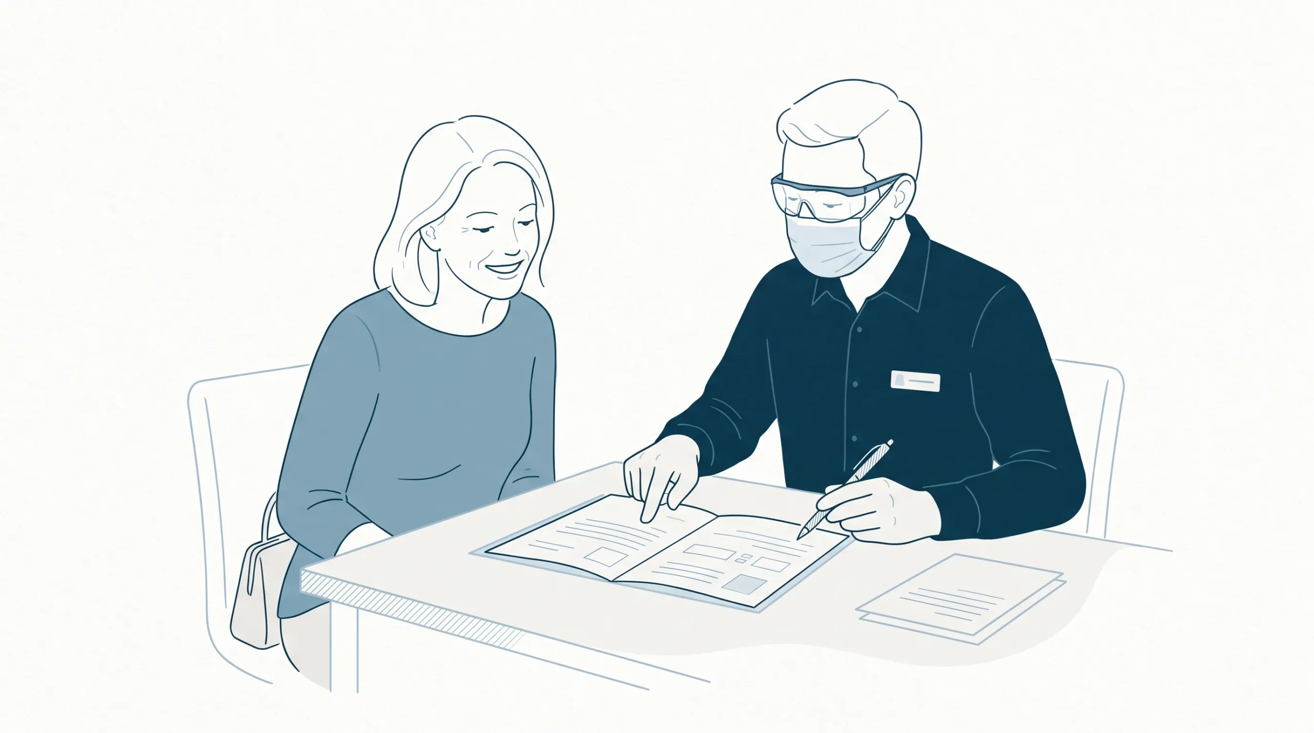 An adult patient and a dentist review health fund paperwork together at a clinic table.