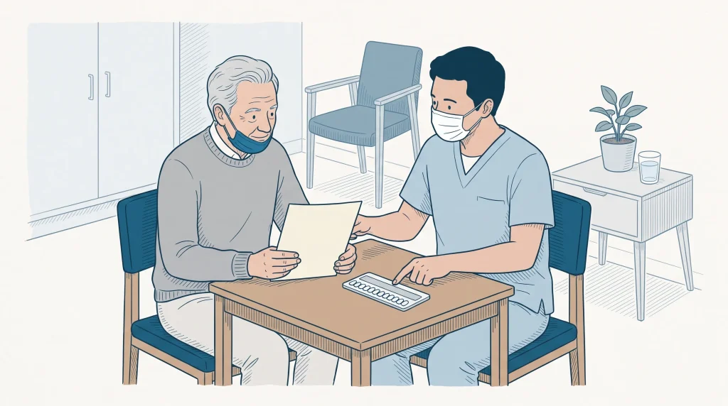 An older adult and a dentist review a treatment estimate sheet during a calm consultation about dental care options.