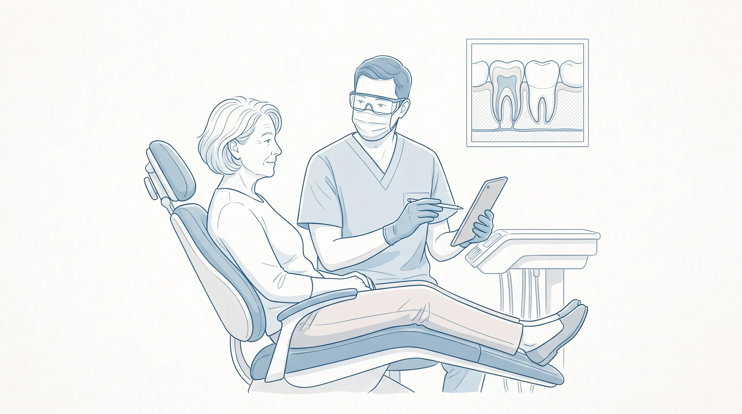 An older adult sits in a dental chair while a dentist explains care options, with a small inset showing healthy adult teeth.