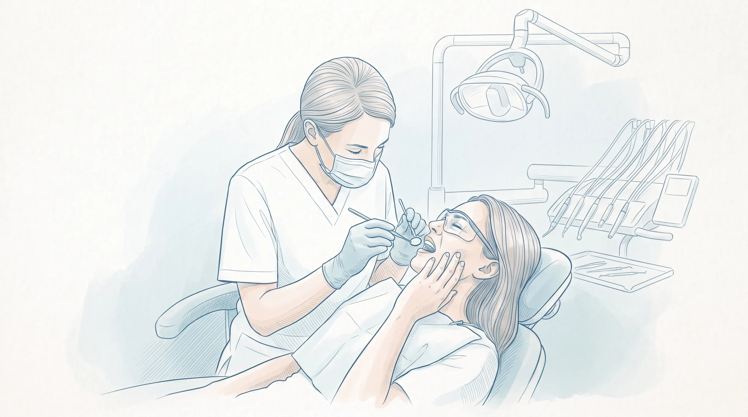 Emergency teeth assessment with a masked dentist in gloves examining an adult patient’s painful tooth with a mirror in a clean dental chair.