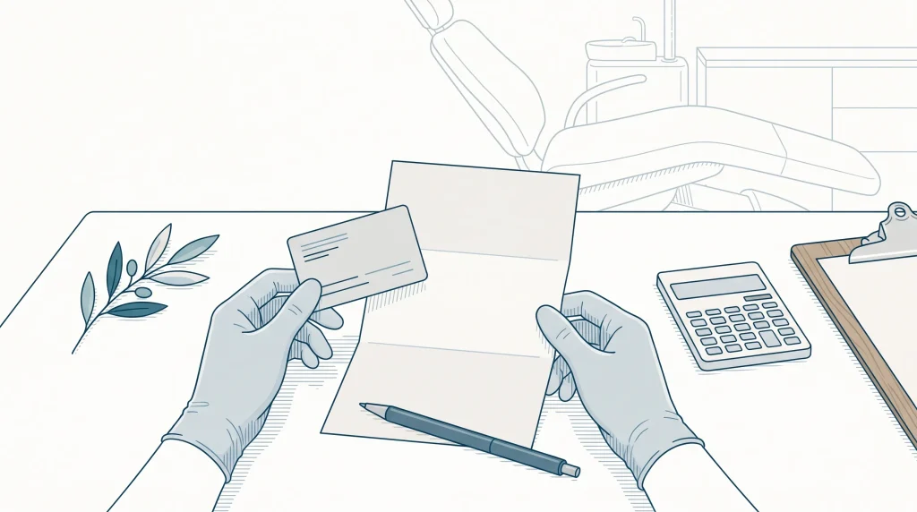 Gloved hands review a health fund card and quote sheet beside a calculator at a dental clinic table.