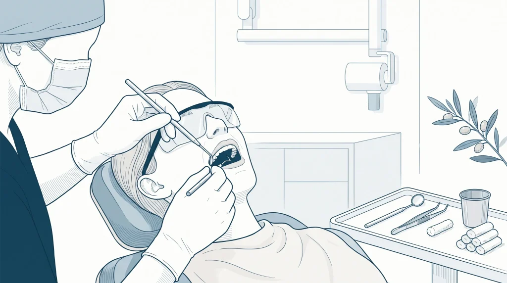 Gloved hands use a mouth mirror and explorer during a dental examination in the chair.