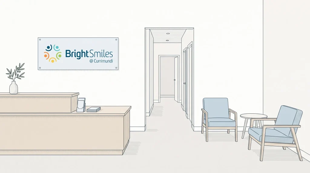 The Bright Smiles reception area shows the counter, waiting chairs and doorway to treatment rooms.