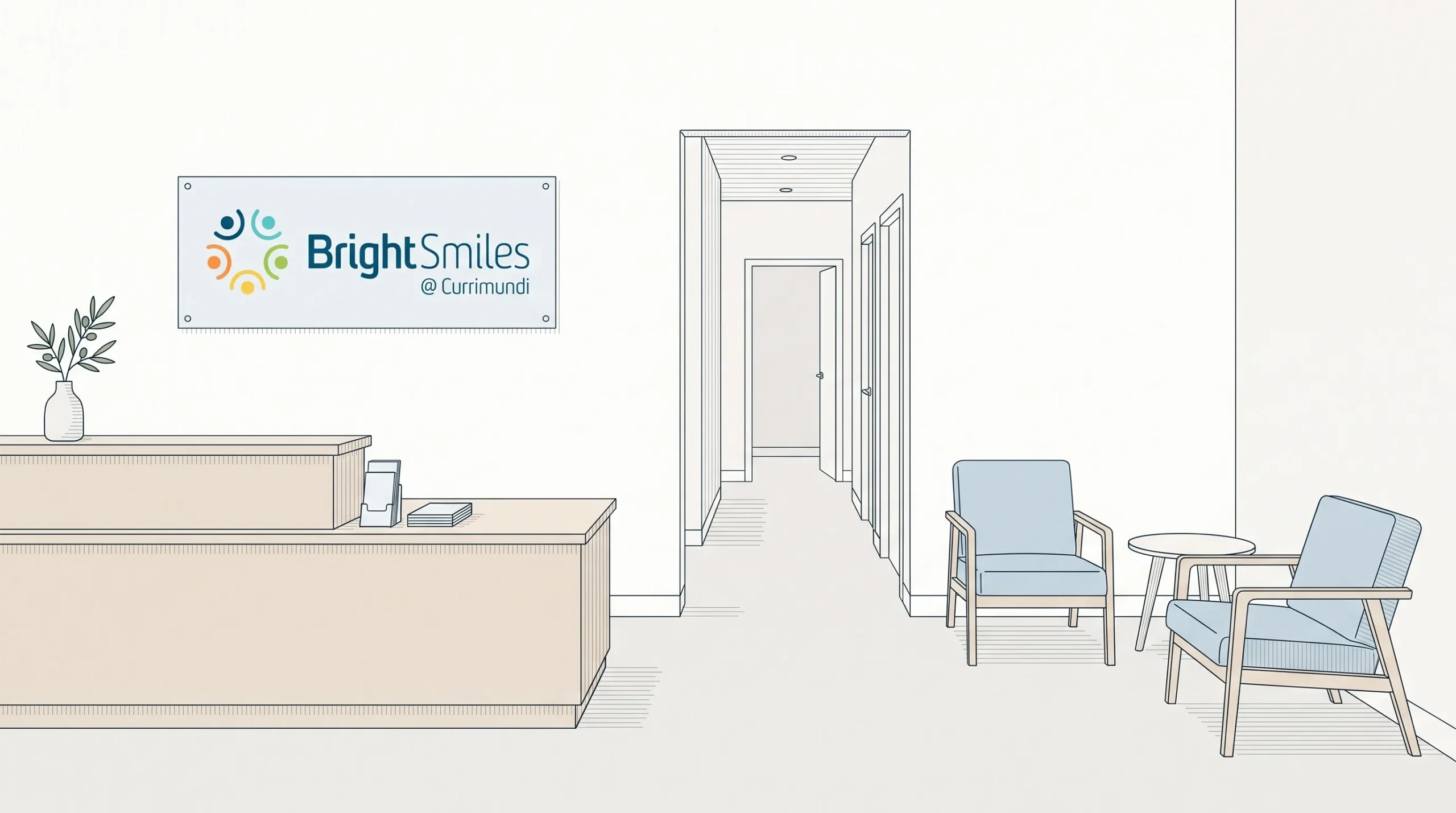 The Bright Smiles reception area shows the counter, waiting chairs and doorway to treatment rooms.