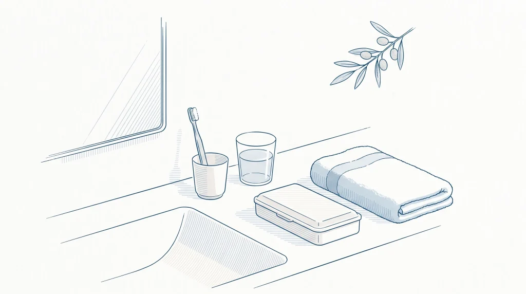 A bathroom vanity holds a toothbrush, water glass and tray case for everyday whitening aftercare.