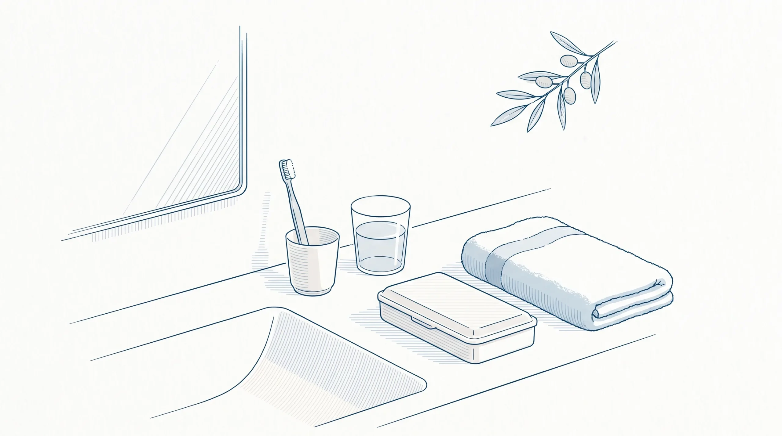 A bathroom vanity holds a toothbrush, water glass and tray case for everyday whitening aftercare.