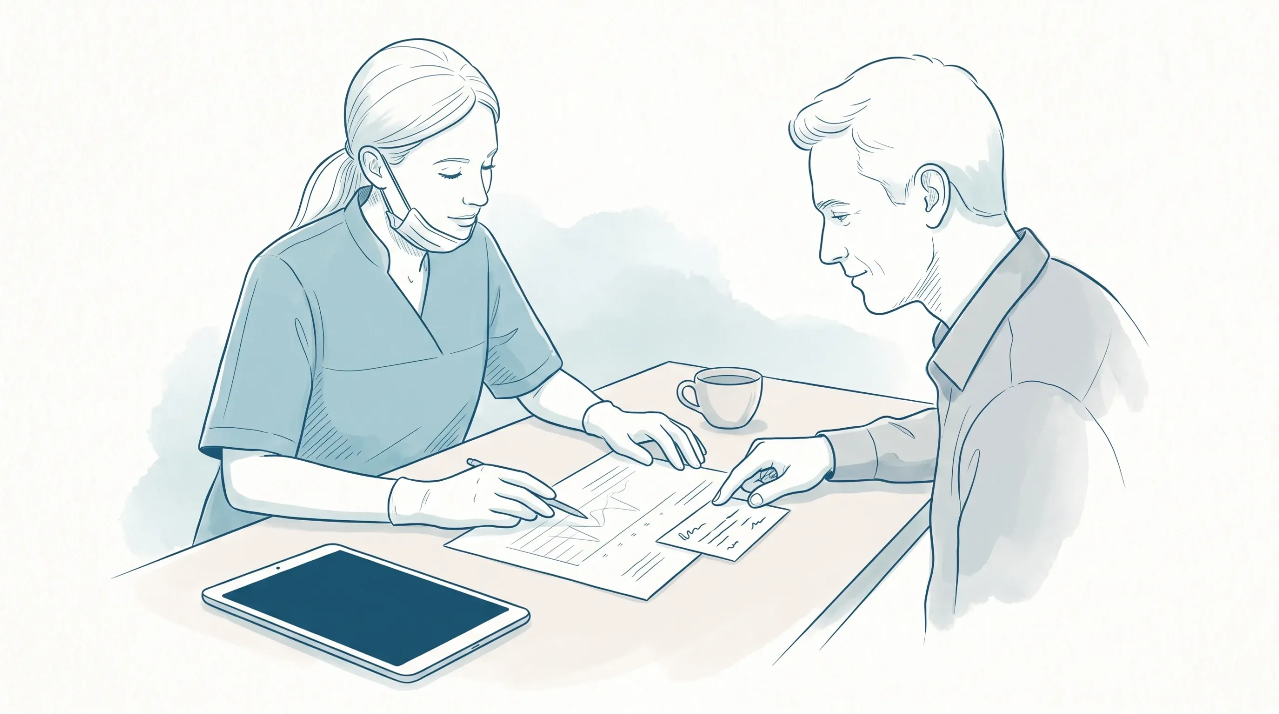 A calm clinic consultation shows a dental professional and adult patient reviewing a treatment estimate and health fund card on the desk.