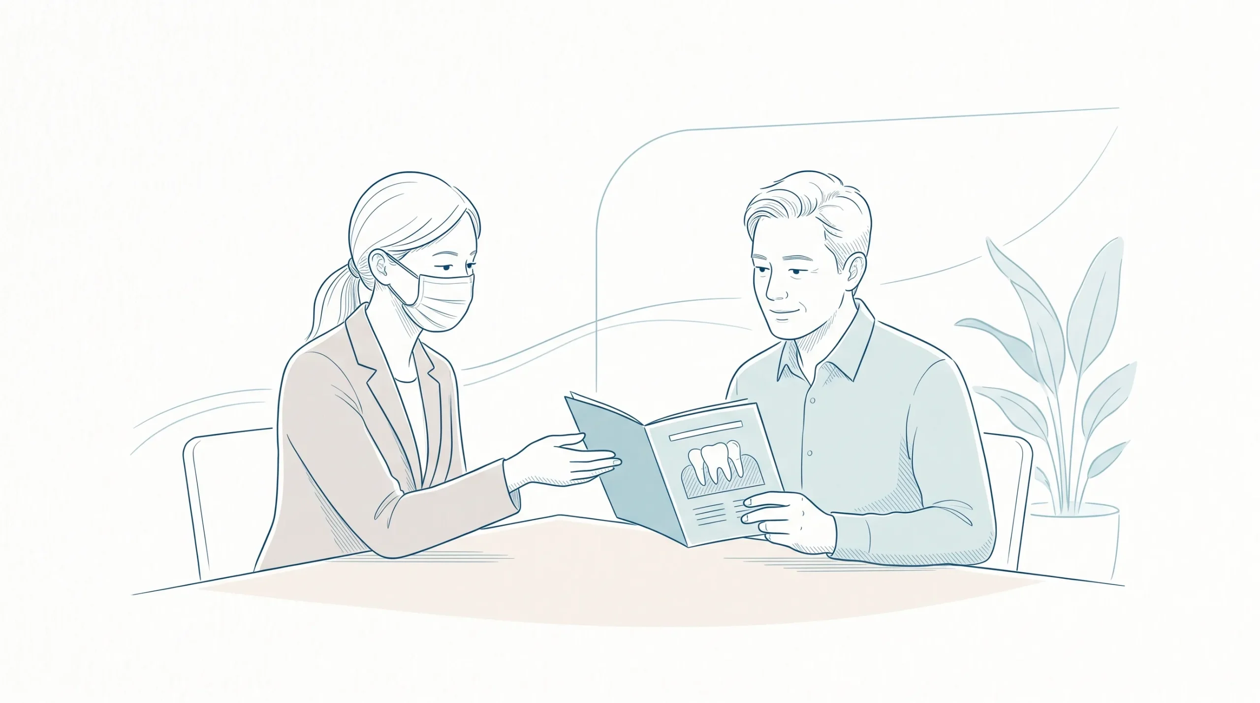 A dental professional and adult patient discuss oral health diseases in a calm clinic consultation.